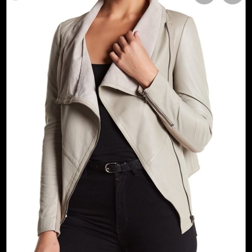 Muubaa Cream Asymmetrical Drape Leather Jacket